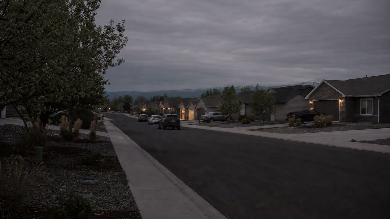 An illustrative quiet neighborhood street at dusk with houses and a tree