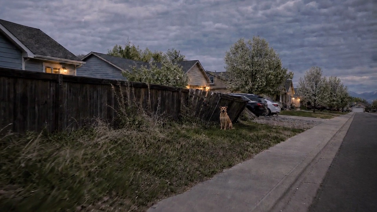 An illustrative neighborhood sidewalk with overgrown grass beside a fence