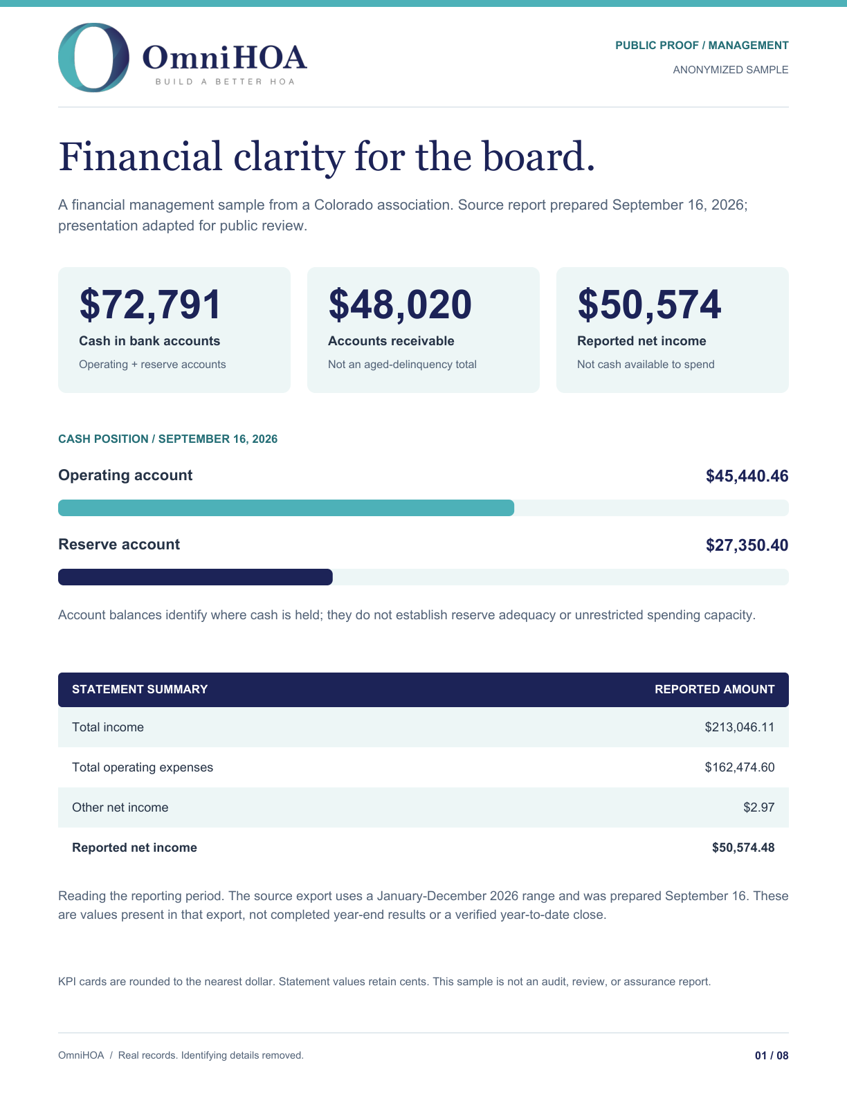 Preview of the anonymized financial management report, with cash, receivables and reported net income.